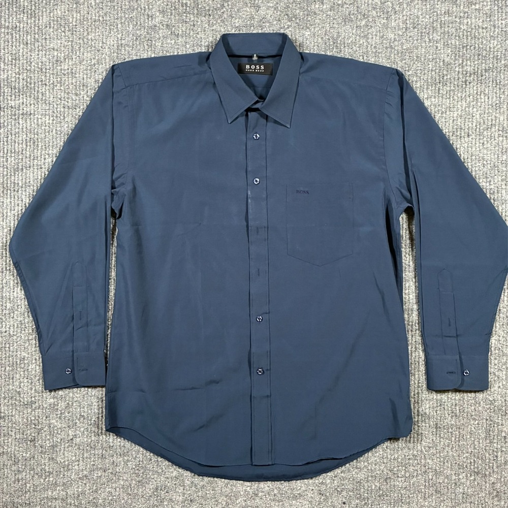 Hugo Boss Mens Button Up Shirt Size 16-1/2 Blue 100% Cotton Long Sleeve